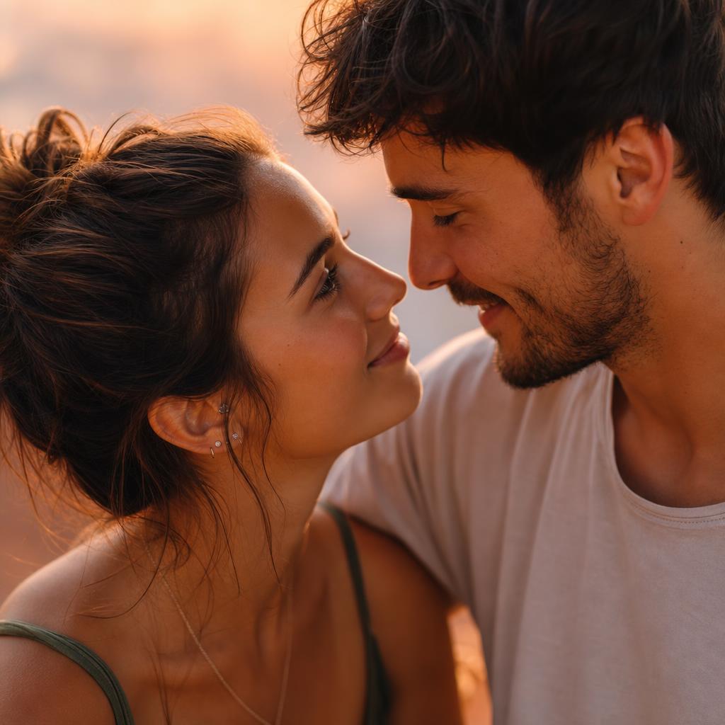 Pareja joven enamorada mirándose con ternura